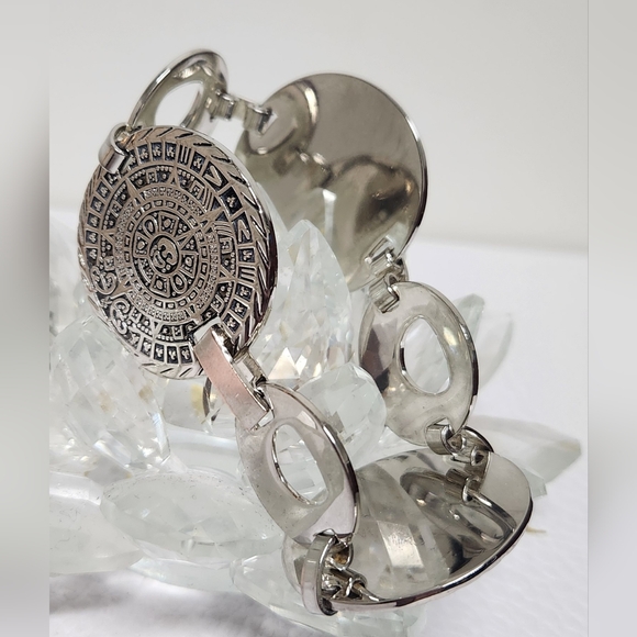 Aztec Calendar Silver Disc Bracelet VINTAGE - Picture 14 of 16